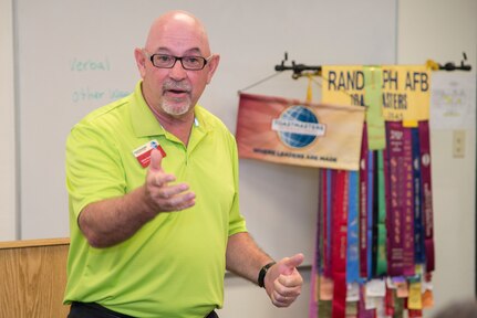 Adrian Huddleston, Joint Base San Antonio-Randolph Toastmasters vice president education, speaks to other members during a club meeting July 18, 2018, at JBSA-Randolph, Texas. Toastmasters is an international organization that empowers and develops individuals to become more effective communicators and leaders. (U.S. Air Force photo by Sean M. Worrell)