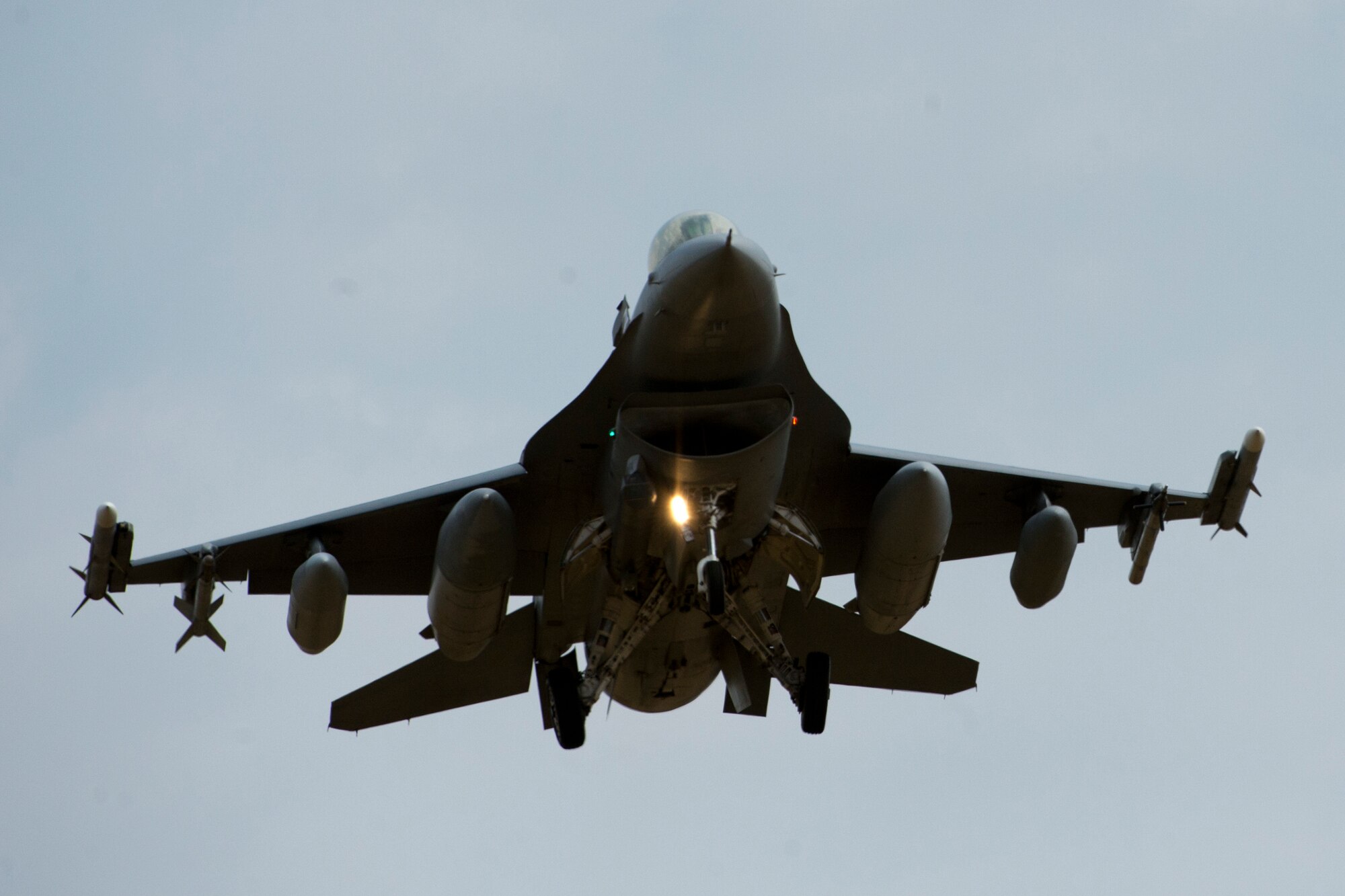 An F-16C Fighting Falcon from the 31st Fighter Wing, 510th Fighter Squadron, Aviano Air Base, Italy, prepares to land at Royal Air Force Lakenheath, England, July 20, 2018. The 510th FS is participating in a bilateral training event focused on maintaining joint readiness while building interoperability capabilities with NATO and other U.S. Air Force assets. (U.S. Air Force photo by Master Sgt. Eric Burks)
