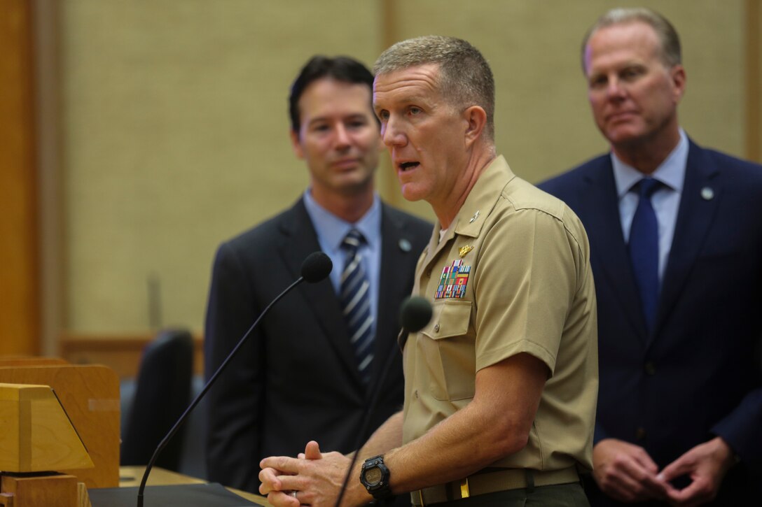 Col. Jason G. Woodworth, commanding officer of Marine Corps Air Station Miramar, expresses his gratitude to the San Diego City Council at San Diego City Hall, in San Diego, July 17, 2018. San Diego proclaimed July 17 as “Colonel Jason Woodworth Day”, after recognizing Col. Woodworth’s accomplishments and role in building a better relationship with the city and MCAS Miramar, as commanding officer. (U.S. Marine Corps Photo by Sgt. Daniel Auvert/Released)