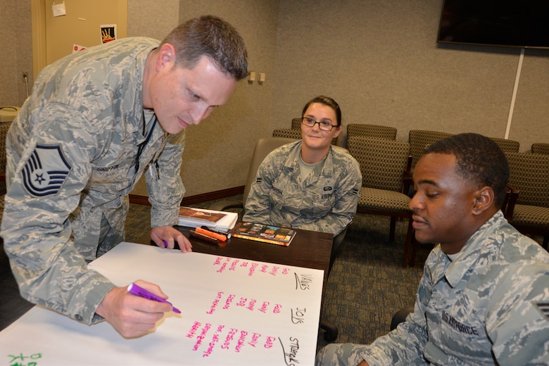 Master Sgt. Peter Griffin, Air Force Rescue Coordination Center Superintendent, takes notes for his group that included Airman 1st Class Hope Parrish, 1st Air Force Manpower, Personnel and Services Directorate and Staff Sgt. Matthew Betts, personnel journeyman, 186th Air Operations Group, Meridian, Miss., during the “Four Lenses 4-Temperament Discovery” course July 12. The course is a personality assessment tool that helps participants enhance both their own self-awareness and their interpersonal communication skills. (Air Force photo by Mary McHale)