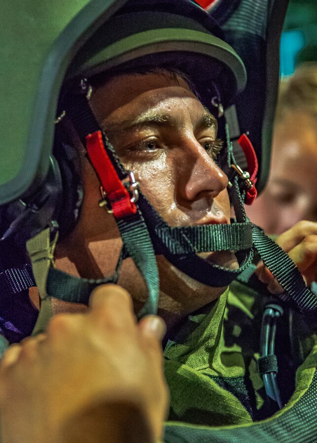 Gunnery Sgt. Jacob Campbell, assistant operations chief, Explosive Ordnance Disposal section, Marine Corps Air Ground Combat Center, participates in a training scenario during Operation Bono at the Palm Springs International Airport, Palms Springs, Calif., July 12, 2018.  The purpose of Operation Bono is to provide unique training opportunities for federal, state, and local public safety bomb squads and military explosive ordnance disposal teams, as well as facilitates training and drills designed for bomb squads to employ their tactics while operating in the aviation domain in, and around PSP airport. (U.S. Marine Corps photo by Lance Cpl. Rachel K. Porter)