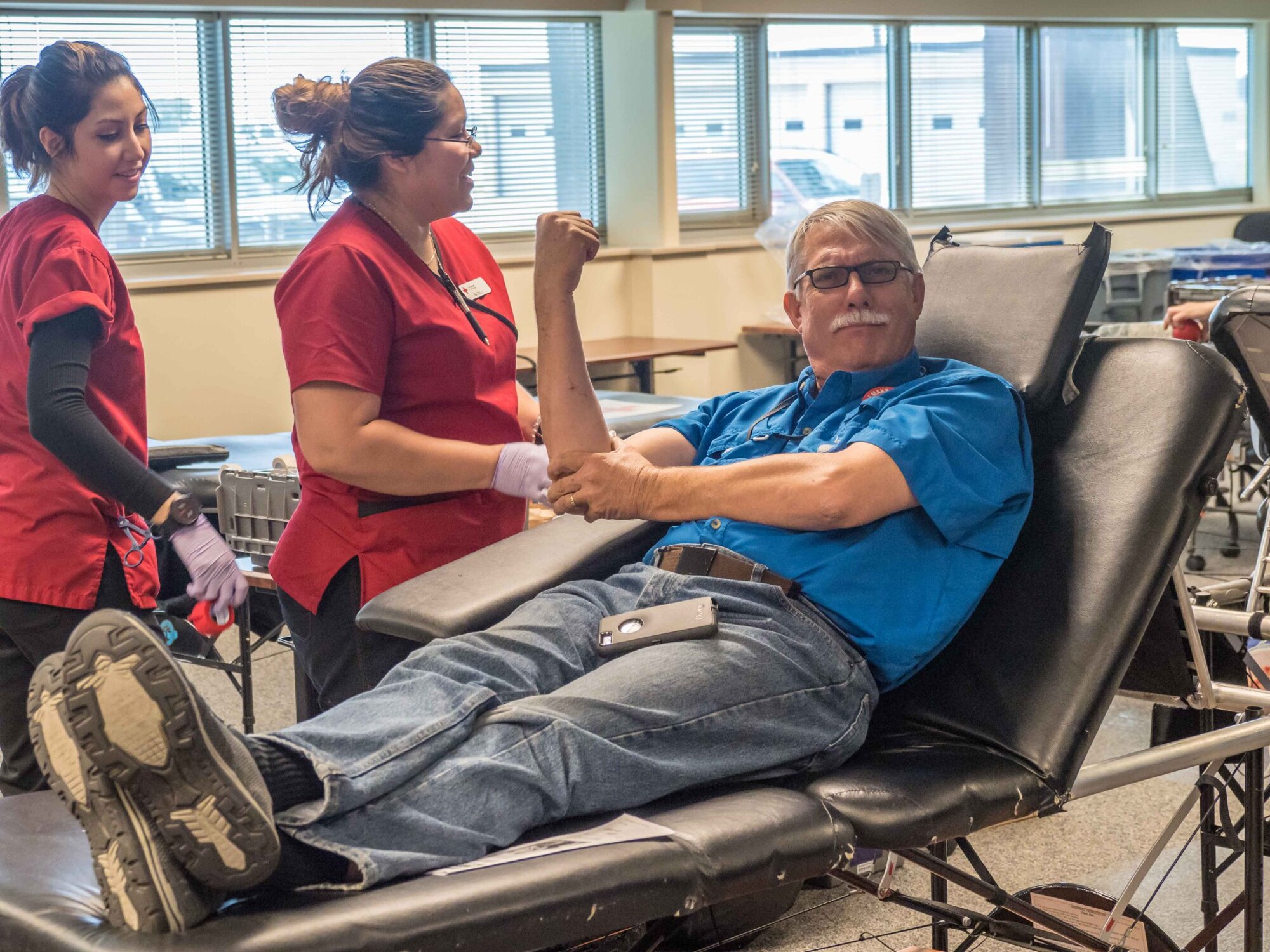 Paul Salkowski, 934th Communications Squadron, donates blood at the 934 AW blood drive July 18.  More donations are needed and the drives are held quarterly with the next drive scheduled for  Oct. 3. (Air Force Photo/Paul Zadach)