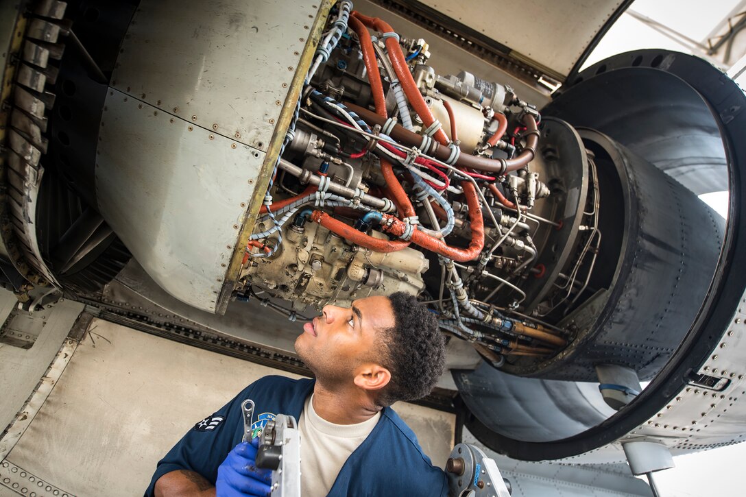 Senior Airman Shayne Cole, 74th Aircraft Maintenance Unit (AMU) aerospace propulsion technician, inspects a Turbo-Fan (TF)-34 engine, July 16, 2018, at Moody Air Force Base, Ga.  Airmen from the 74th AMU play a part in the upkeep and maintenance of the Air Force’s largest operational A-10 fighter group. Maintainers from the 74th AMU accomplished a repair on a TF-34 engine in 48 operational hours. (U.S. Air Force photo by Airman 1st Class Eugene Oliver)