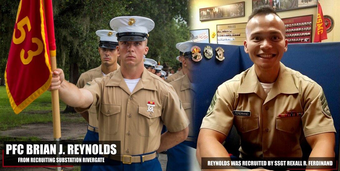 Private First Class Brian Reynolds completed Marine Corps recruit training as the honor graduate of Company A, 1st Battalion, Recruit Training Regiment, July 20, 2018. Reynolds was recruited by Staff Sergeant Rexall R. Ferdinand from Recruiting Substation Rivergate. (U.S. Marine Corps photo by Cpl. Jorge A. Rosales)
