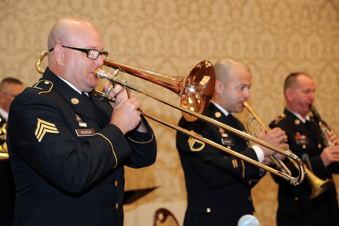 Soldiers of the 133rd Washington Army National Guard Band, from Camp Murray, Washington, provide music for the U.S. Army Corps of Engineers, Walla Walla District, change-of-command ceremony, July 20, 2018, at the Marcus Whitman Hotel and Conference Center in downtown Walla Walla, Washington.