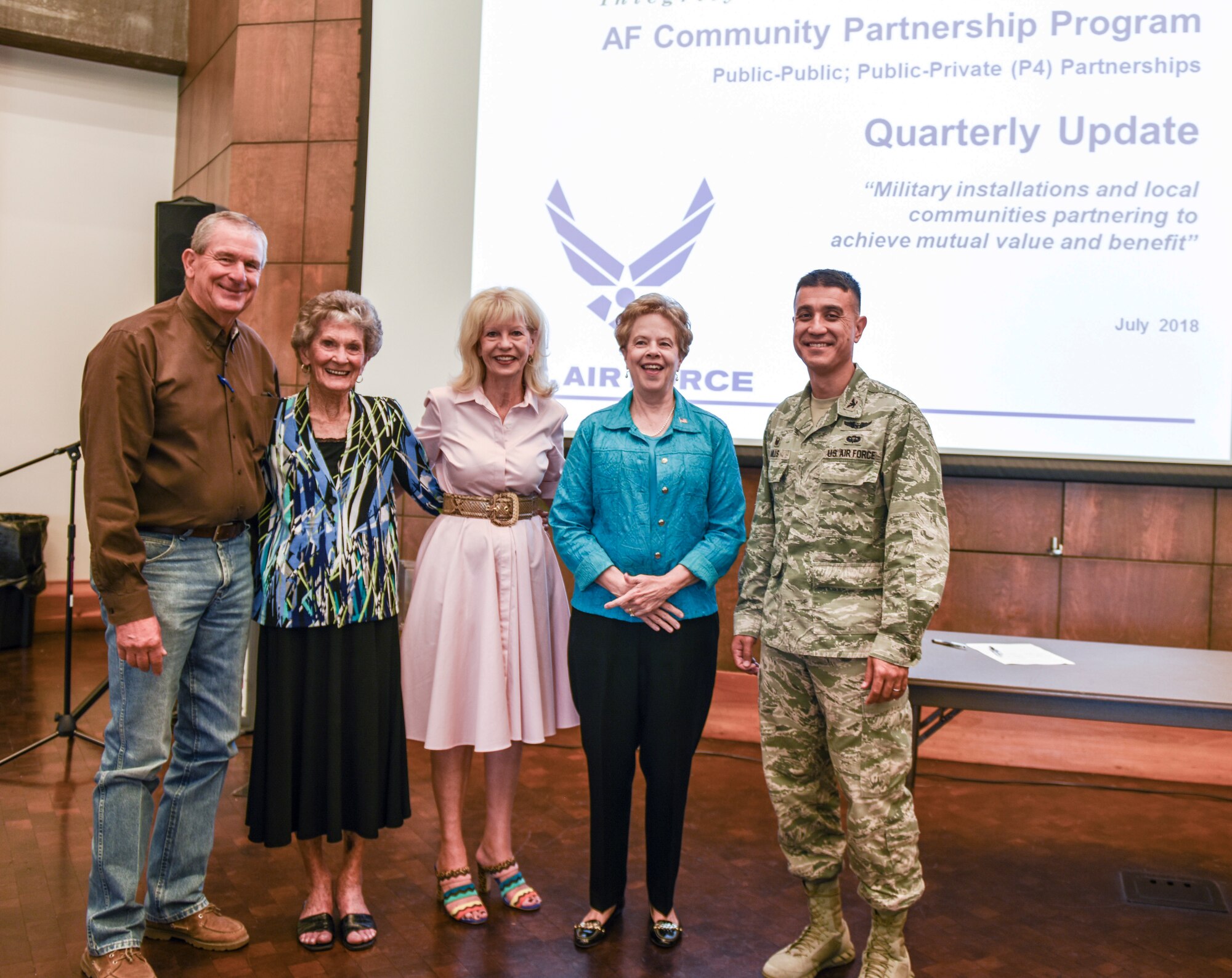 San Angelo Judge Stephen Floyd, the Regional Director for Rep. Mike Conoway, JoAnn Powell, San Angelo Mayor Brenda Gunter, civic leader Dr. Carol Ann Bonds and U.S. Air Force Col. Ricky Mills, 17th Training Wing commander, pose after signing the Goodfellow-San Angelo Partnership Charter during the quarterly partnership meeting held at the San Angelo Museum of Fine Arts, San Angelo, Texas, July 19, 2018. Chamber president Bruce Partain also signed the agreement but was unable to attend the meeting. (U.S. Air Force photo by Aryn Lockhart/Released)