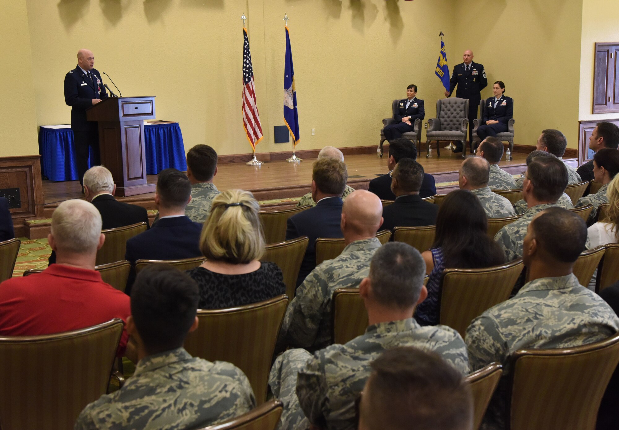 U.S. Air Force Col. Danny Davis, outgoing 81st Mission Support Group commander, delivers remarks during the 81st MSG change of command ceremony in the Bay Breeze Event Center at Keesler Air Force Base, Mississippi, July 19, 2018. Davis relinquished command of the 81st MSG and will be assigned to 2nd Air Force until he retires in September 2018, with more than 24 years of military service. (U.S. Air Force photo by Kemberly Groue)