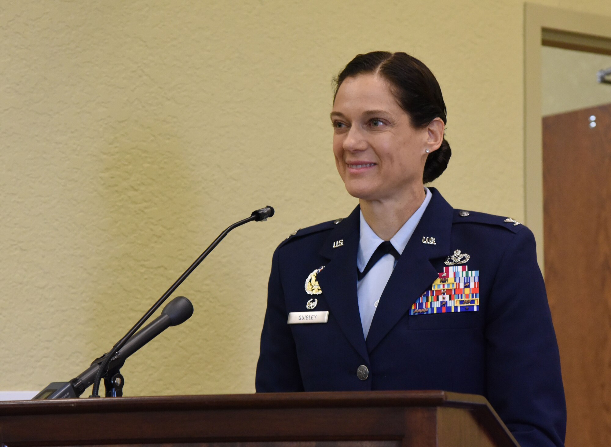 U.S. Air Force Col. Marcia Quigley, 81st Mission Support Group commander, delivers remarks during the 81st MSG change of command ceremony in the Bay Breeze Event Center at Keesler Air Force Base, Mississippi, July 19, 2018. Quigley assumed command from Col. Danny Davis, outgoing 81st MSG commander. (U.S. Air Force photo by Kemberly Groue)
