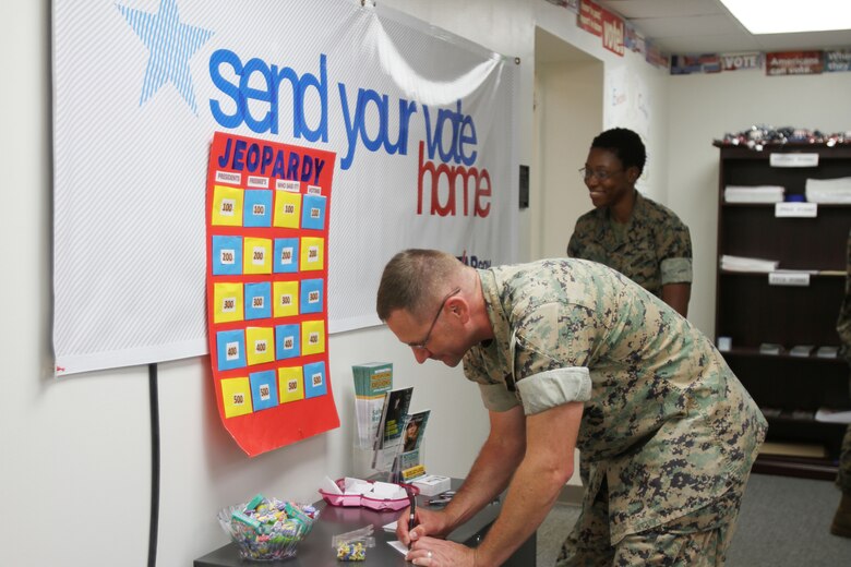 U.S. Marine Corps LtCol. Gregory Hanweck played a game of jeopardy to test his knowledge of the states during the 2nd annual Voting Convention, July 19. The Marine Corps Logistics Base Albany Adjutant Office held the event to educate Marines and civilian-Marines about how to cast their ballots three months before the general election in Georgia. The event is part of an annual training for all active duty personnel. (U. S. Marine Corps photo by Re-Essa Buckels)