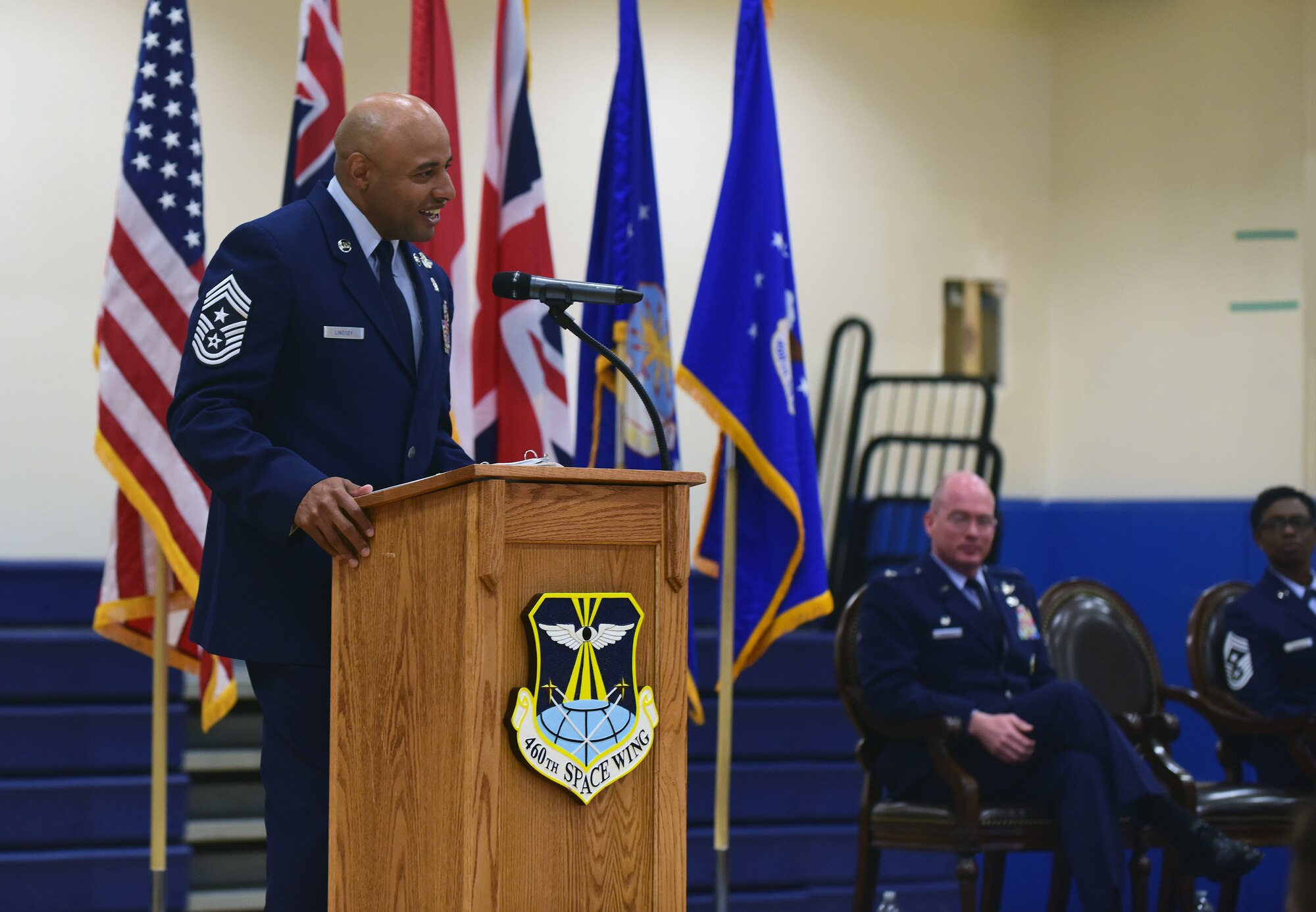Chief Master Sgt. Rod Lindsey, 460th Space Wing outgoing command chief, shares his gratitude to members of Team Buckley during a change of responsibility ceremony on Buckley Air Force Base, Colorado, July 20, 2018.