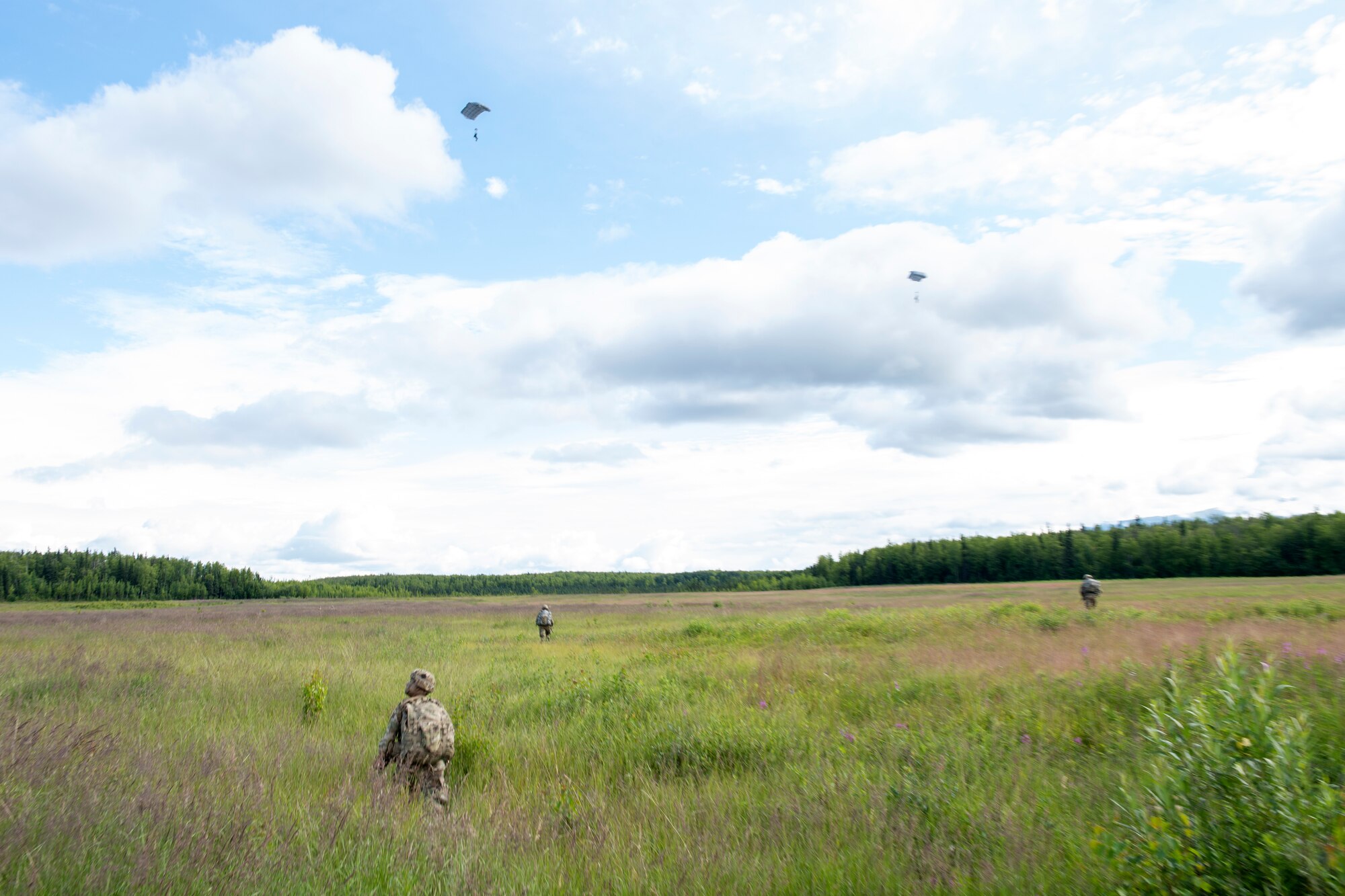 Paratroopers from U.S. Army Alaska’s 4th Infantry Brigade Combat Team (Airborne), 25th Infantry Division descend toward Malemute Drop Zone at Joint Base Elmendorf-Richardson, Alaska, July 17, 2018. More than 400 Soldiers parachuted as part of a field training exercise, executing tactical movements and setting up defensive positions while performing an airfield assault.