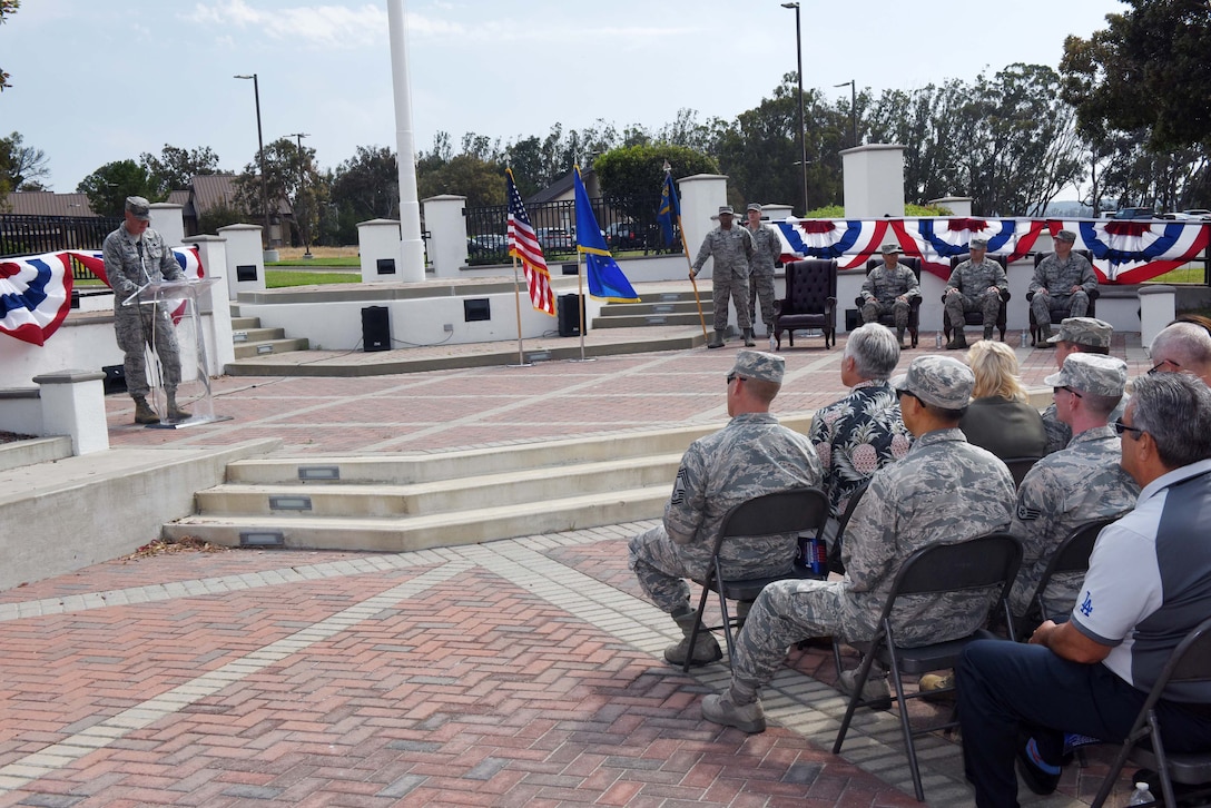 Col. Michael Hough, 30th Space Wing commander, speaks during the 30th Launch Group deactivation ceremony on July 20, 2018, at Vandenberg Air Force Base, Calif. The 30th Space Wing inactivated the 30th LCG, merging their range responsibilities and personnel with the 30th OG. (U.S. Air Force photo by Tech. Sgt. Jim Araos/Released)