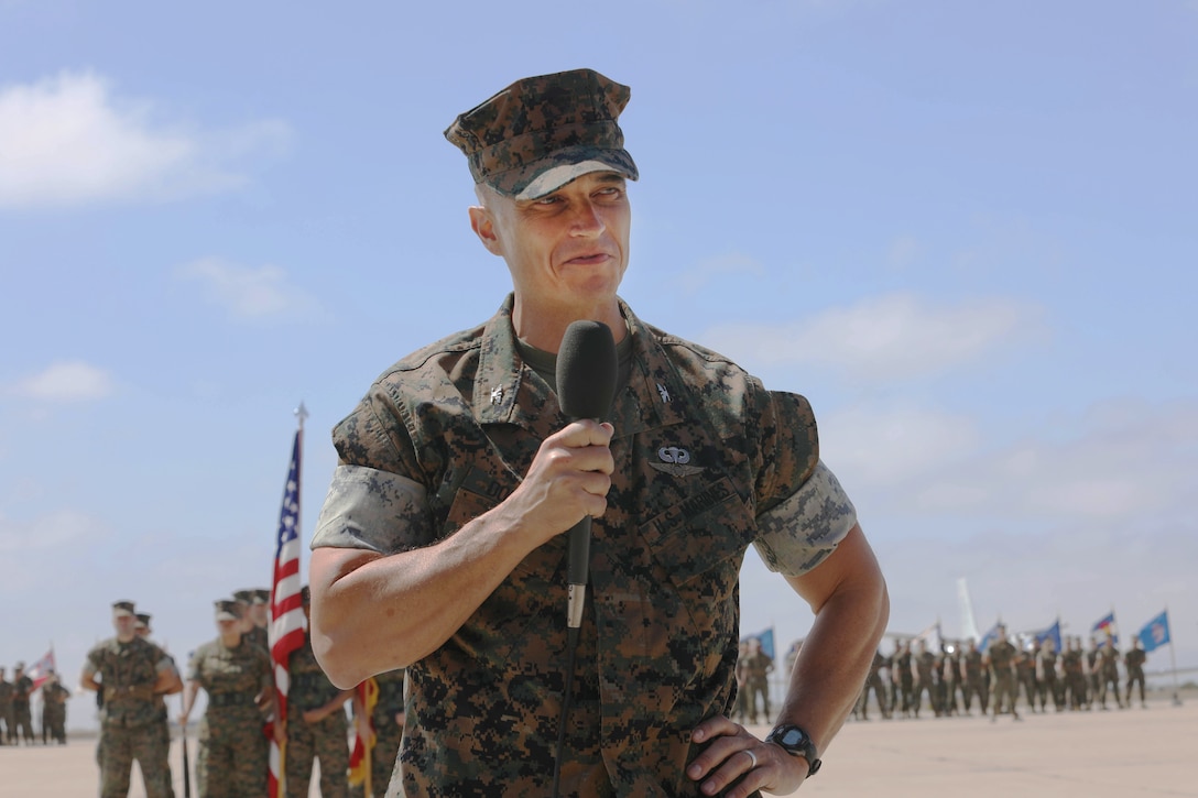 Col. Charles B. Dockery, commanding officer of Marine Corps Air Station Miramar, expresses gratitude to friends, family and supporters after accepting command of MCAS Miramar from Col. Jason G. Woodworth during a change of command ceremony at MCAS Miramar, Calif., Jul. 20. Woodworth was the commanding officer of MCAS Miramar for three years and oversaw multiple energy conservation efforts, ultimately leading to MCAS Miramar receiving the 2017 Commander-in-Chief’s Award for Installation Excellence. (U.S. Marine Corps photo by Mark A. Lowe II)