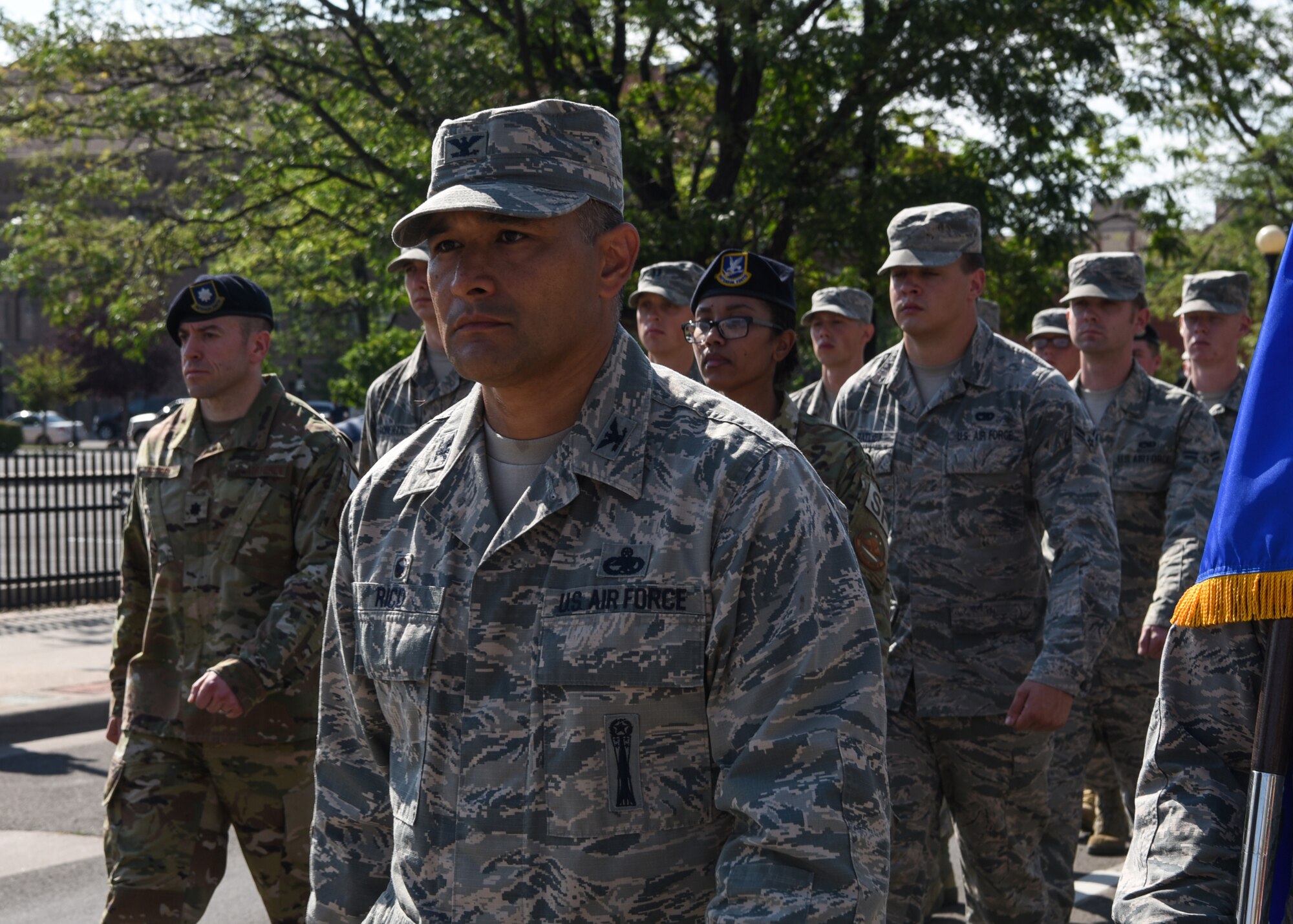 Col. Brian Rico, 90th Maintenance Group commander, leads a flight of approximately 150 Airmen during the 122nd Cheyenne Frontier Days opening Grand Parade in Cheyenne, Wyo., July 21, 2018. CFD represents the continuous partnership between F.E. Warren Air Force Base and the Cheyenne community. The F.E. Warren Air Force Base and Cheyenne communities came together to celebrate the CFD rodeo and festival, which runs from July 20-29. (U.S. Air Force photo by Airman 1st Class Abbigayle Wagner)