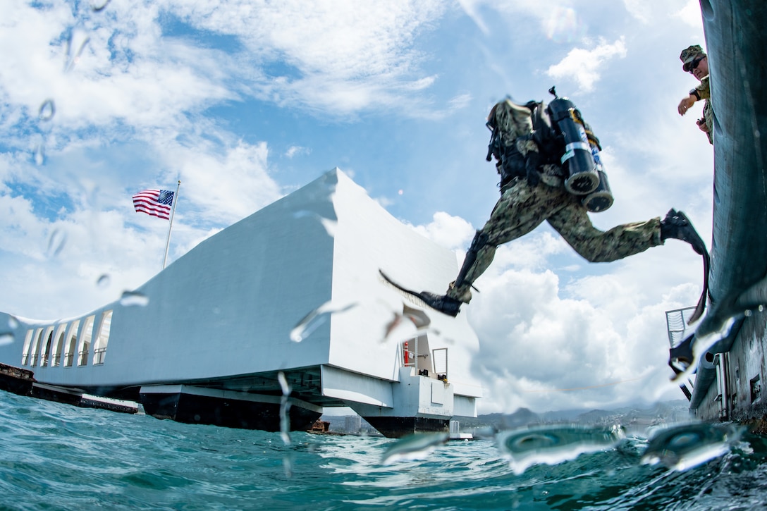 A scuba diver jumps into the water.