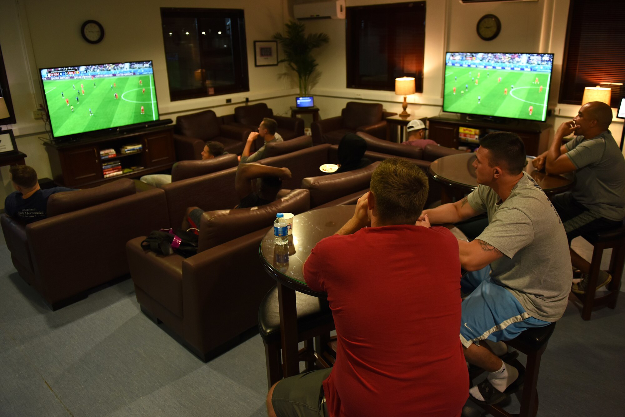 Service members watch the 2018 FIFA World Cup at the USO at Incirlik Air Base, Turkey, July 10, 2018.