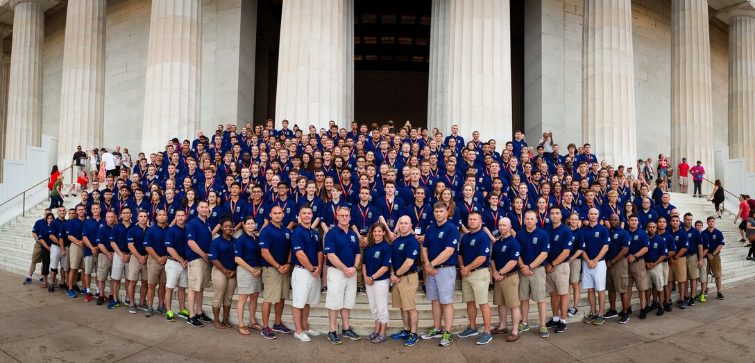Marines and students with the Summer Leadership and Character Development Academy pose for a group photo in front of the Lincoln Memorial in the District of Columbia, July 17, 2018. Students accepted into the academy were hand-selected by a board of Marines who look to find attendees with similar character traits as Marines. Inspired by the Marine Corps' third promise of developing quality citizens, the program was designed to challenge and develop the nation's top-performing high school students so they could return to their communities more confident, selfless and better equipped to improve the lives of those around them. (U.S. Marine Corps photo by Staff Sgt. John A. Martinez Jr.)