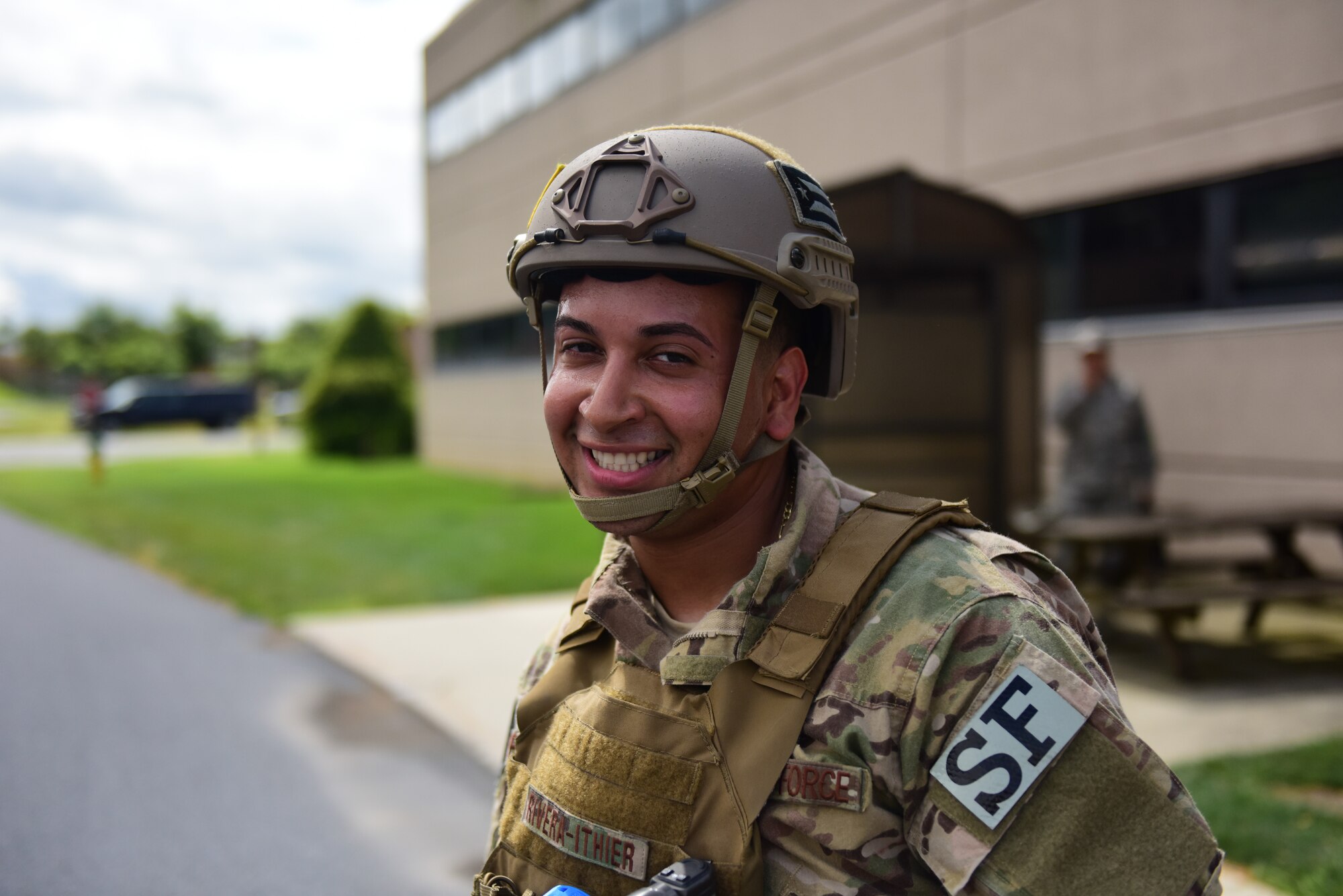 Staff Sgt. Kenneth Rivea-Ithier, a security forces specialists from the 193rd Special Operations Security Forces Squadron, Middletown, Pennsylvania, Pennsylvania Air National Guard, poses for a photo after participating in riot control countermeasures training July 22, 2018. The 193rd SOSFS Airmen participate in this two times a year as part of their required domestic operations training. (U.S. Air National Guard photo by Senior Airman Julia Sorber/Released)