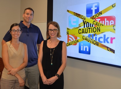 Donnell Dawson (right), Joint Base San Antonio Family Life lead program educator, conducted and was the instructor for the “Social Media Safety and Bullying” workshop held at the JBSA-Fort Sam Houston Vogel Resiliency Center July 16. The workshop focused on skills and strategies parents can utilize in protecting their children from dangers posed by social media and online bullying. Joining Dawson are two parents who attended the workshop, Geremy and James Chavez.