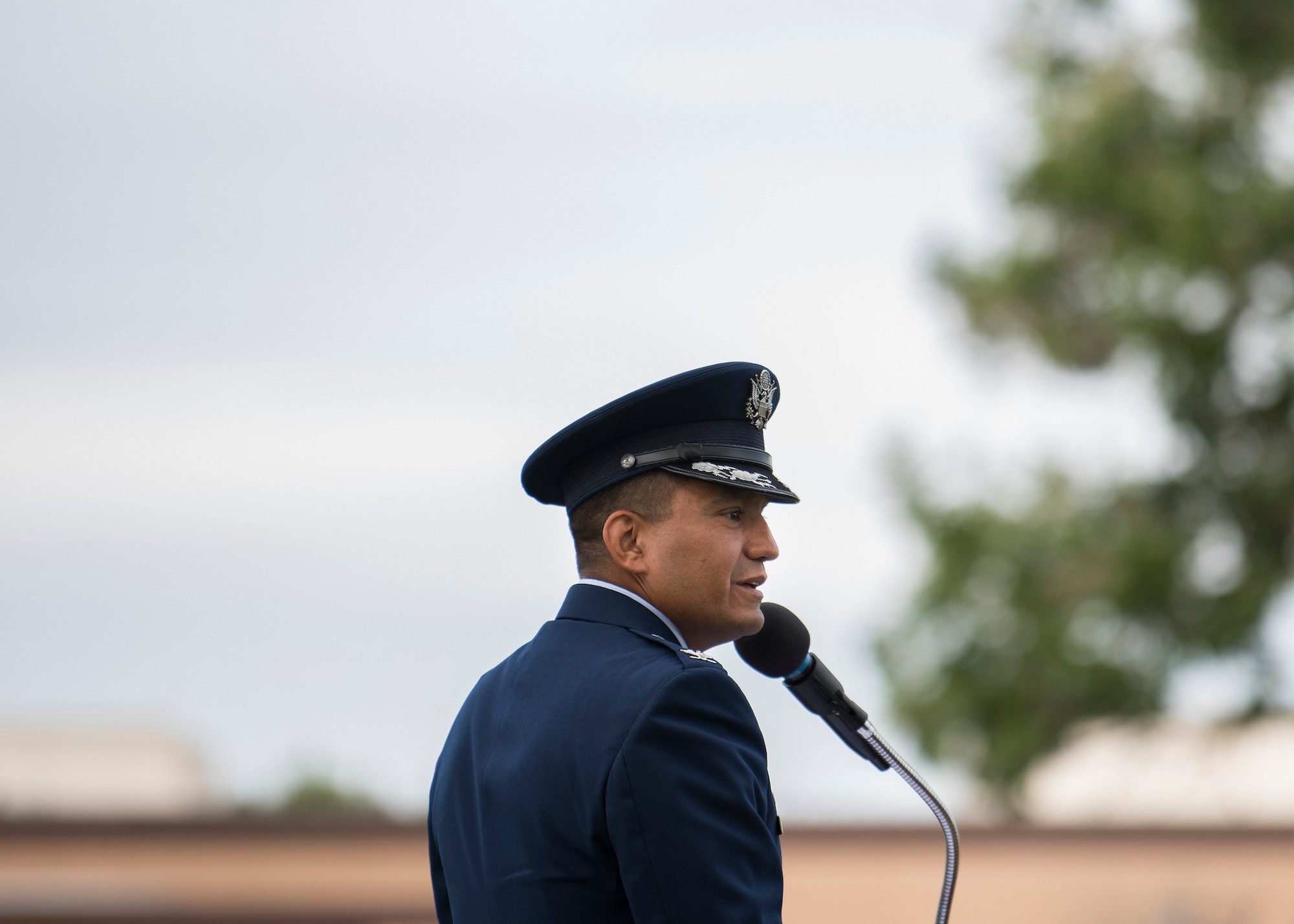 U.S. Air Force Col. Juan Alvarez, 377th Mission Support Group commander, speaks at his change of command ceremony on Kirtland Air Force Base, N.M., July 12. His primary objective as MSG group commander is to highlest the hard work and purpose of MSG Airmen. (U.S. Air Force photy by Staff Sgt. J.D. Strong II)