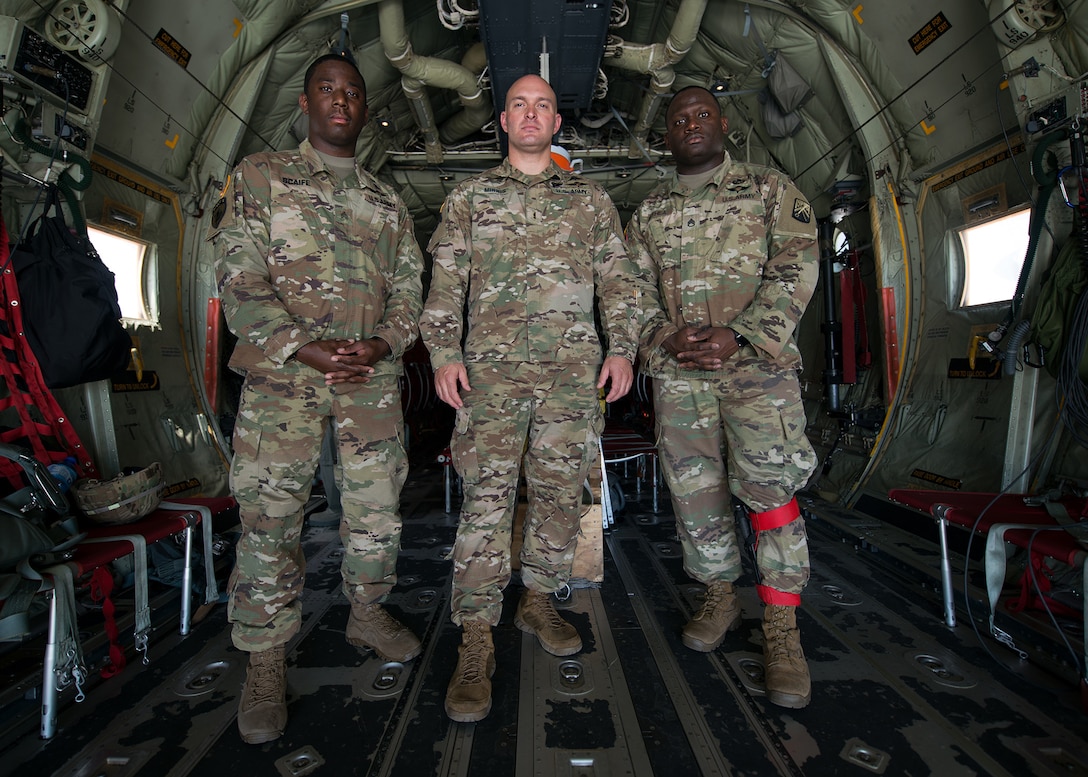 From left to right, U.S. Army Sgt. Kwame Scaife, Chief Warrant Officer 2 David Minnis, and Staff Sgt. Michael Bethea, 5th Quartermaster Theater Aerial Delivery Company jumpmasters, pose for a photo in Plovdiv, Bulgaria, July 14, 2018. The group deployed with the 37th Airlift Squadron in support of Thracian Summer 18, a bilateral exercise between the U.S. and Bulgaria. During the exercise the team provided safety oversight and assistance to jumpers from Bulgaria’s 68th Special Forces Brigade. (U.S. Air Force photo by Airman 1st Class Noah Coger)
