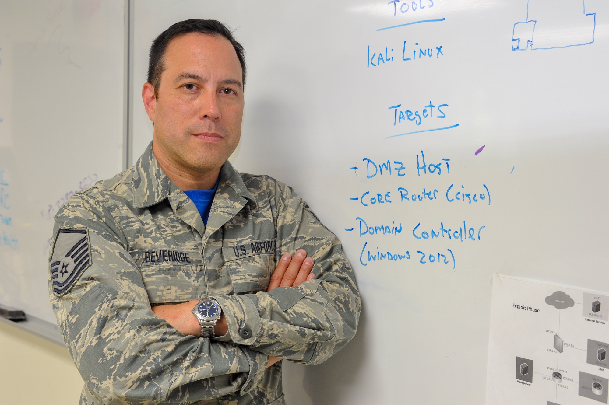 Master Sgt. Robert Beveridge, non-commissioned officer in charge of the 910th Communications Squadron’s cyber systems operations section, poses for a photo in front of a white board used for cyber defense training here, July 14.