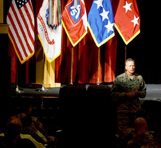 Air Force Gen. Terrence O’Shaughnessy, commanding general, North American Aerospace Defense Command and U.S. Northern Command, visited U.S. Army North at Joint Base San Antonio-Fort Sam Houston July 17. O’Shaughnessy spoke with ARNORTH service members and civilians during a town hall at the Fort Sam Houston Theatre where he emphasized the importance of the mission both commands support. “Each of us has a role. And every one of you has a unique role in protecting us in the homeland,” O’Shaughnessy said to the crowd. “That’s an awesome responsibility. That’s a sacred responsibility. But it’s a heavy responsibility.”