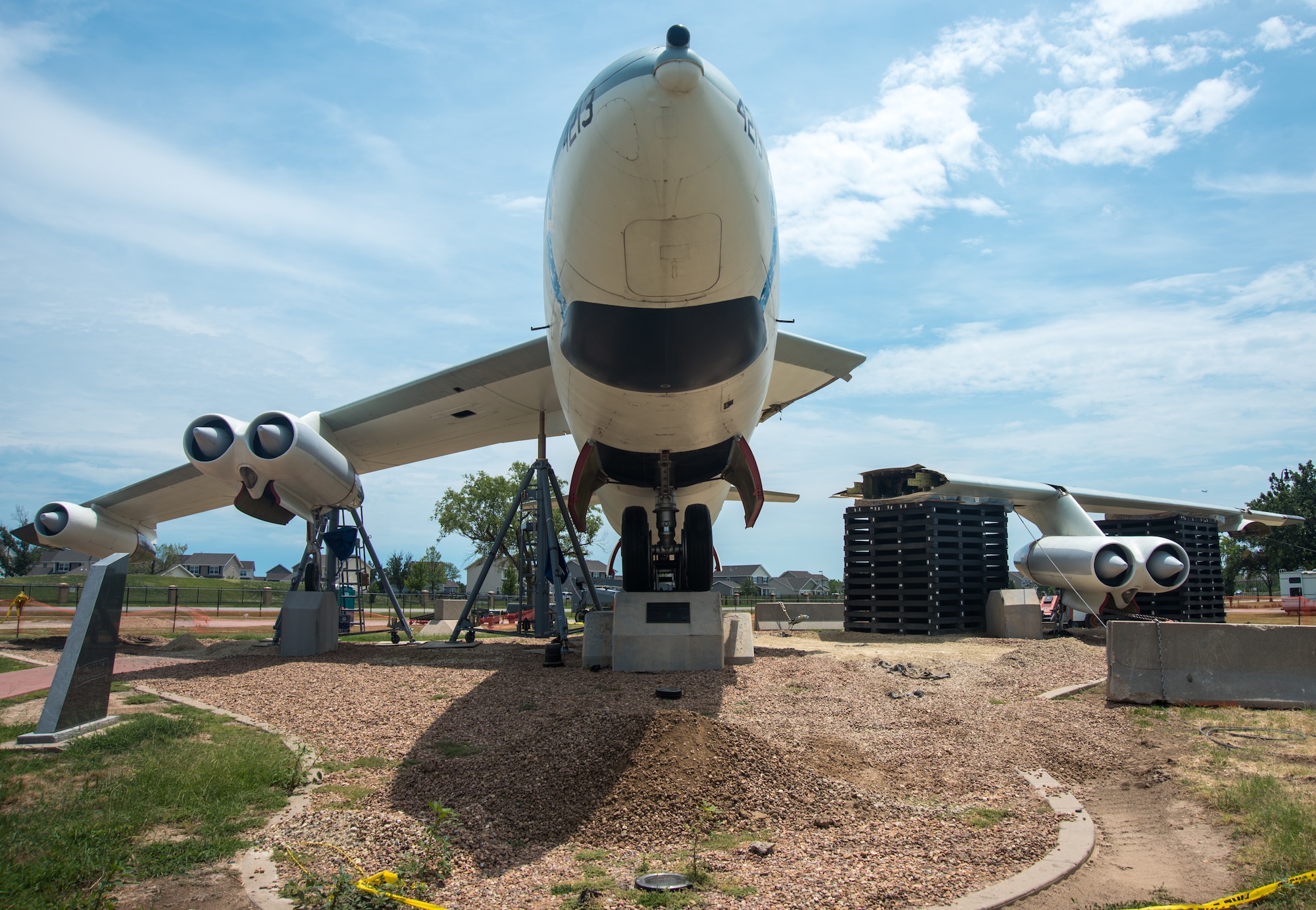 In a recent storm the base’s B-47 Stratojet static display had its left wing ripped off during the quick, strong bursts of wind at McConnell Air Force Base, Kansas. Fortunately, the KC-46 Pegasus jacks are able to be used to repair the aircraft. (U.S. Air Force photo/Staff Sgt. Chris Thornbury)
