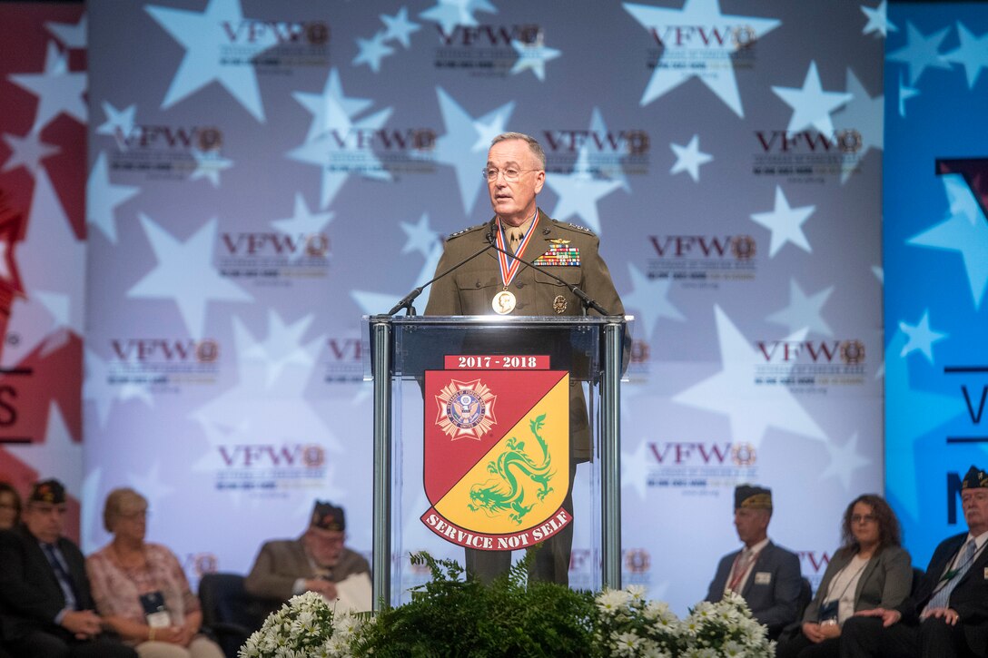 Marine Corps Gen. Joe Dunford, chairman of the Joint Chiefs of Staff, addresses thousands of VFW and Auxiliary members at the at the Bartle Hall Kansas City Convention Center.