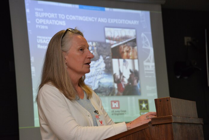 Lisa Doumont, lead deployment coordination administrator from the U.S. Army Corps of Engineers’ Contingency Recruitment Cell, speaks to employees of Huntsville Center about deployment opportunities for civilians.