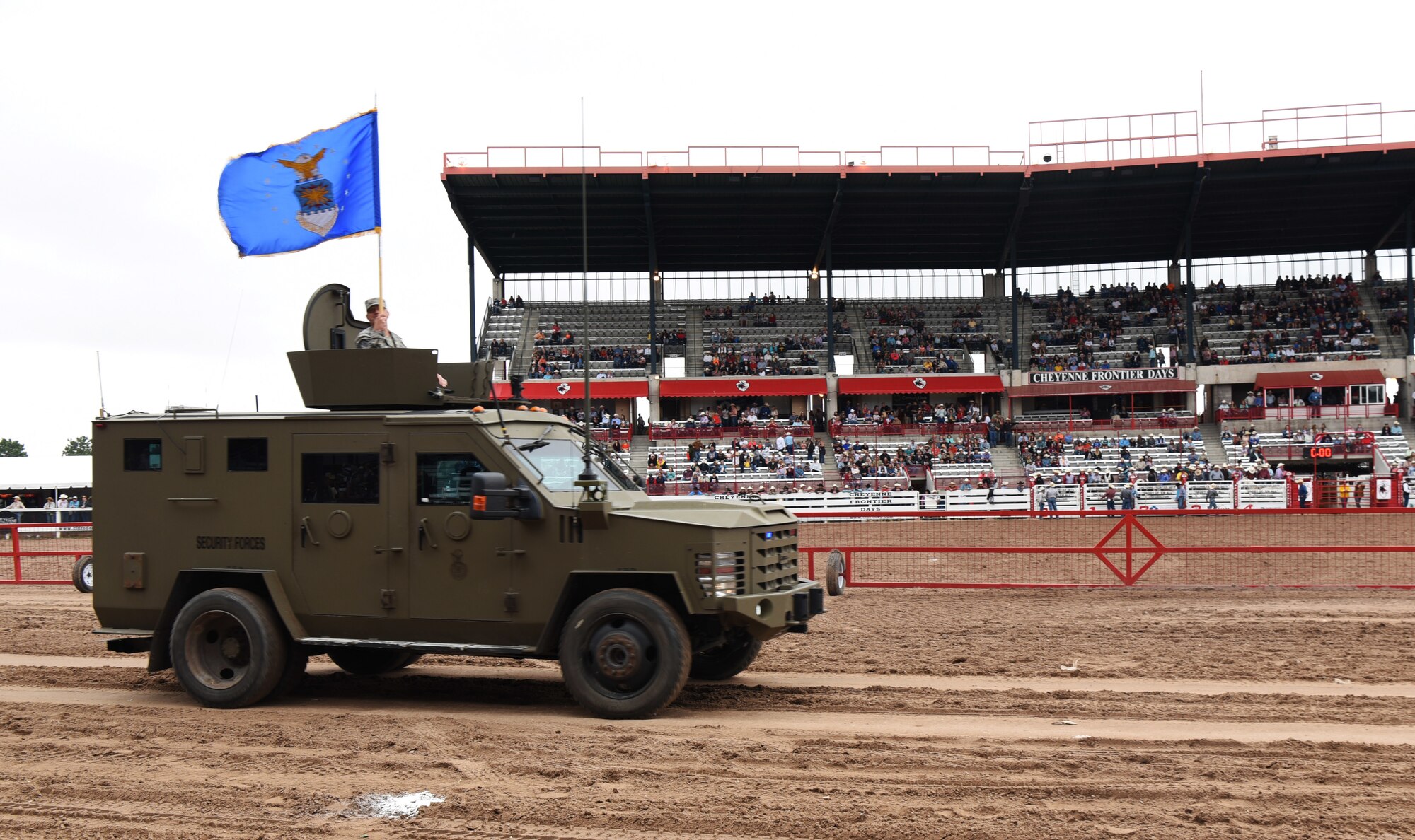 The Air Force flag was flown on a Bearcat vehicle on Military Monday during Cheyenne Frontier Days at Frontier Park in Cheyenne, Wyo., July 23, 2018. Each branch of the military was represented by a service member carrying their respective flag in a motorcade procession. The base and Cheyenne communities came together to celebrate the CFD rodeo and festival. (U.S. Air Force photo by Senior Airman Breanna Carter)