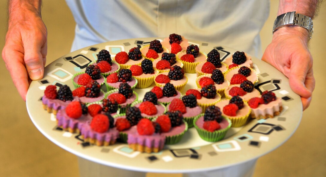 Vegan Mini Berry Cheesecakes from the Healthy Cooking demonstration July 19 at the Chapel. Kirsten David diagramed the recipes and served the cheesecakes, Zucchini Bread and BBQ Chicken Quinoa Salad. As Kirtland's dietician, David regularly provides nutritional guidance, including the Healthy Cooking class, which happens quarterly. (U.S. Air Force photo by Jessie Perkins)