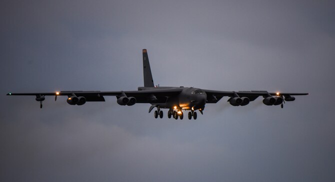 A U.S. Air Force B-52 Stratofortress lands at Andersen Air Force Base, Guam, after returning from a mission in support of Exercise Pitch Black 2016 (PB16) in Australia, Aug.18, 2016.  PB16 allows participant nations to exercise deployed units in the tasking, planning and execution of offensive counter air and offensive air support while utilizing one of the largest training airspace areas in the world.  (U.S. Air Force photo by Tech. Sgt. Richard P. Ebensberger)
