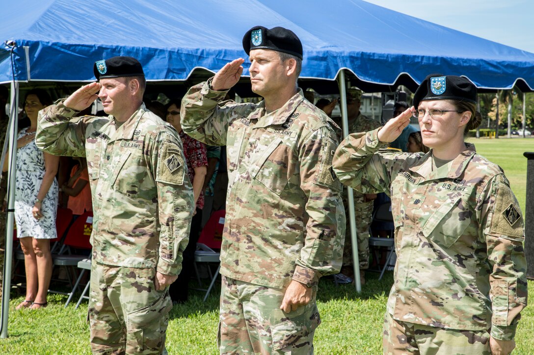 Honolulu District U.S. Army Corps of Engineers Lt. Col. Kathryn P. Sanborn assumed command from Lt. Col. James D. Hoyman during the change of command ceremony July 20, 2018 at Fort Shafter's Palm Circle. Sanborn, the first female commander of Honolulu District (which was established in April 1905), will lead an organization of more than 300 engineers, scientists and support staff serving the Pacific Region. For Hoyman's outstanding work and contributions, while commanding the Honolulu District, Hoyman received the Meritorious Service Medal and goes on to serve in Pacific Command's Logistics, Engineering, and Security Cooperation Directorate (J-44).
