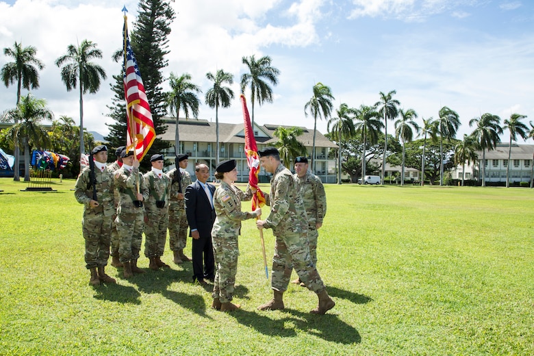 Honolulu District U.S. Army Corps of Engineers Lt. Col. Kathryn P. Sanborn assumed command from Lt. Col. James D. Hoyman during the change of command ceremony July 20, 2018 at Fort Shafter's Palm Circle. Sanborn, the first female commander of Honolulu District (which was established in April 1905), will lead an organization of more than 300 engineers, scientists and support staff serving the Pacific Region. For Hoyman's outstanding work and contributions, while commanding the Honolulu District, Hoyman received the Meritorious Service Medal and goes on to serve in Pacific Command's Logistics, Engineering, and Security Cooperation Directorate (J-44).