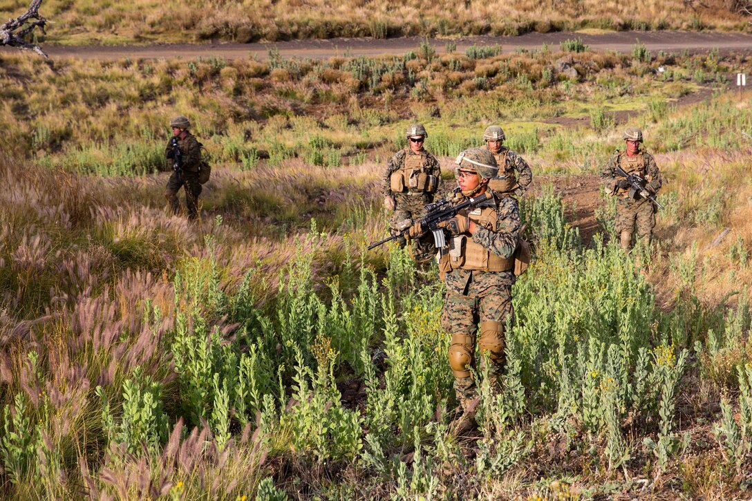 Marines maneuver toward an enemy position during a live-fire training event.