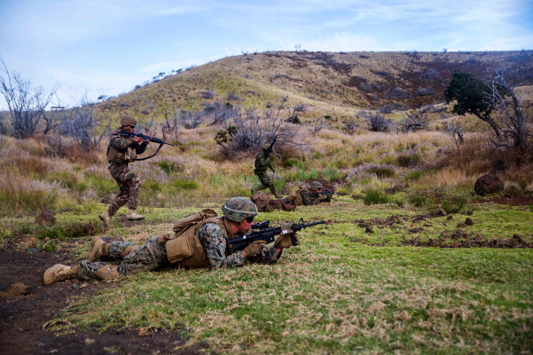U.S. Marines and Tongan marines maneuver over rough terrain.
