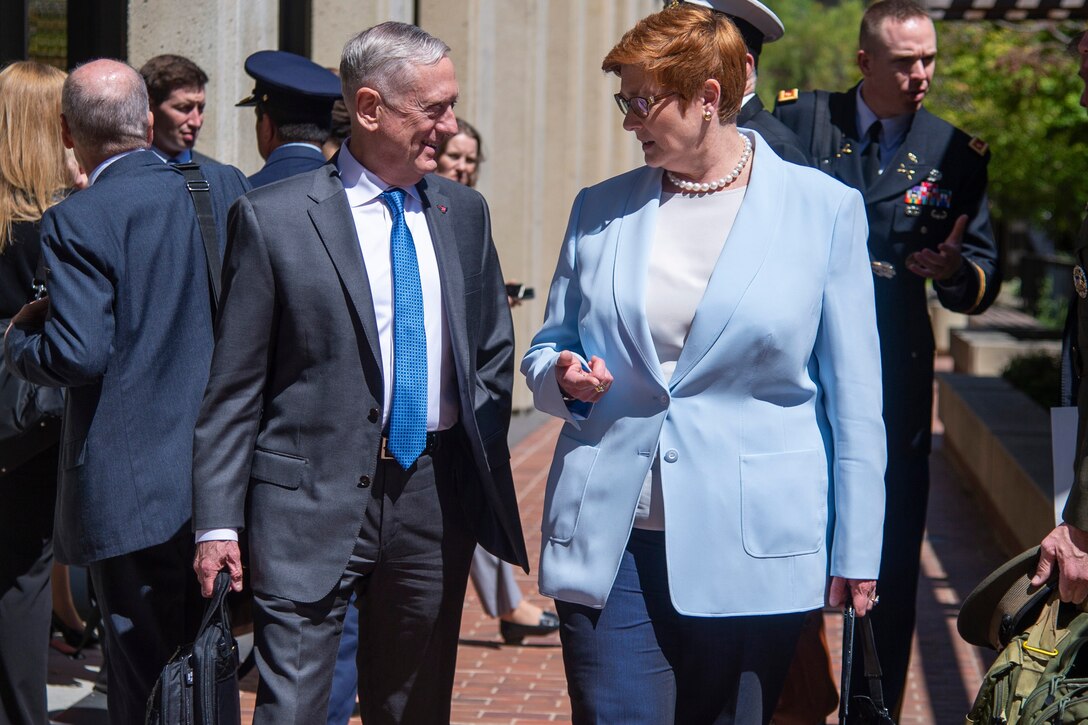 Defense Secretary James N. Mattis and Australian Defense Minister Marise Payne walk together.