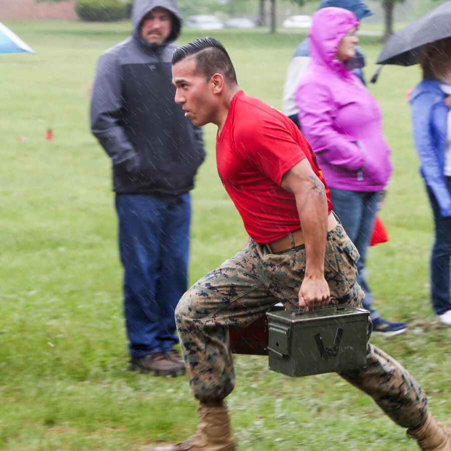 U.S. Marine Corps Staff Sgt. Juan Cordero participates in physical training during RS Springfield's Annual Pool Function.