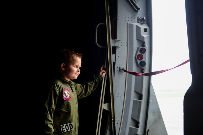 Caleb Pettit, 9, looks out the door of a C-17 Globemaster III, July 20, 2018, at Joint Base Charleston, S.C.