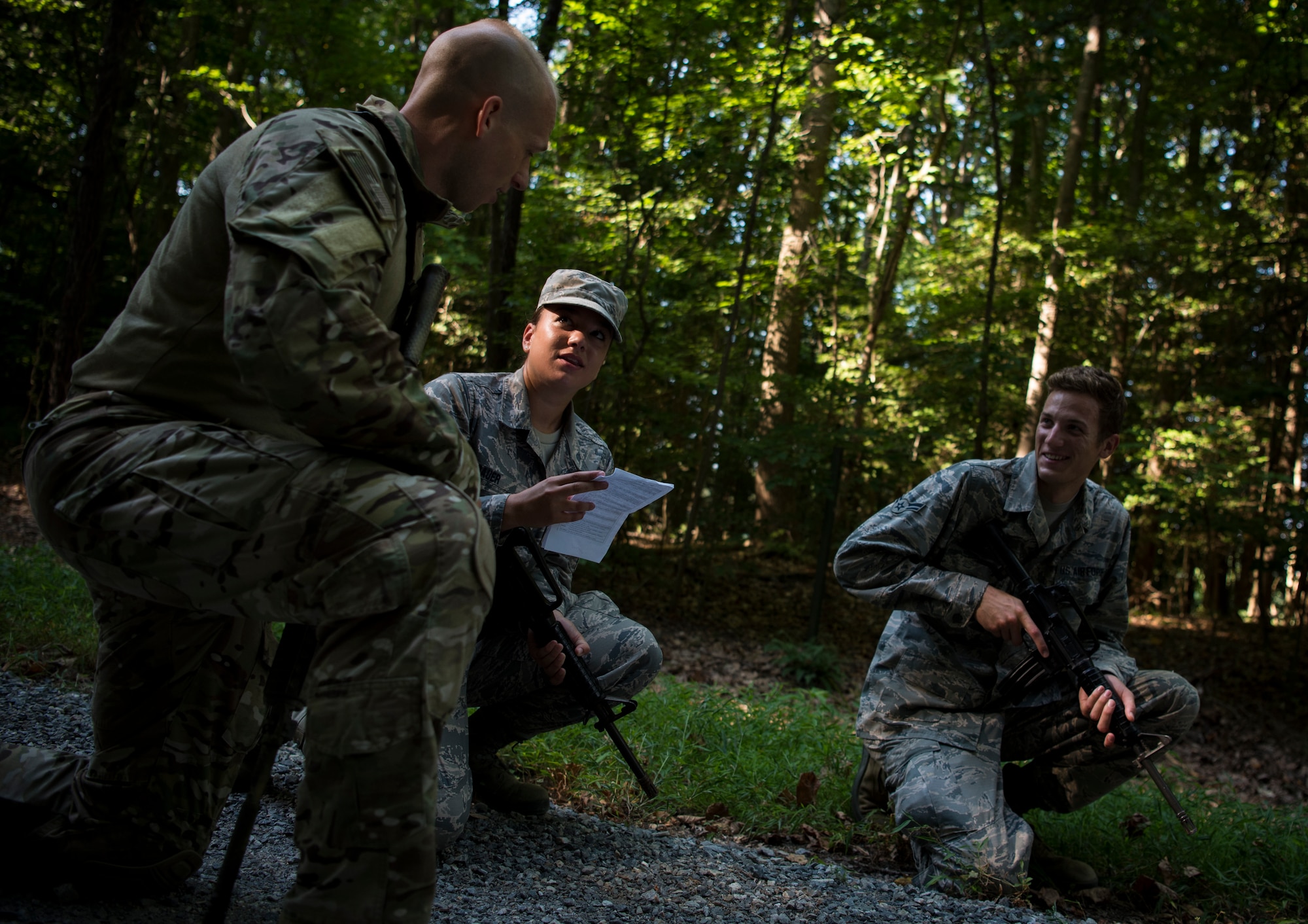 U.S. Air Force Airmen assigned to the 633rd Civil Engineer Squadron practice individual movement techniques during Prime Base Engineer Emergency Force training at Joint Base Langley-Eustis, Virginia, July 19, 2018.