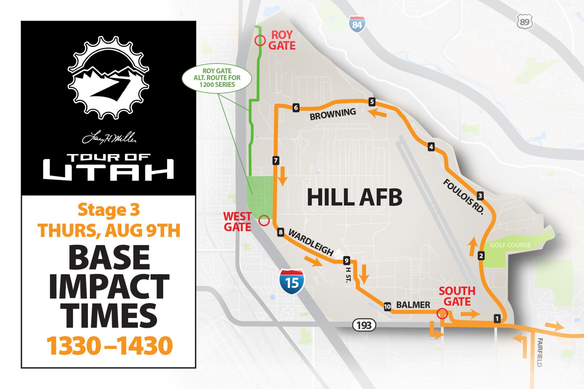 The Tour of Utah professional bicycle race is scheduled to pass through Hill Air Force Base approximately between 1:30-2:30 p.m. Aug. 9. Motorists should expect some impact to gates and traffic on- and off-base during this time period. (U.S. Air Force graphic by David Perry)