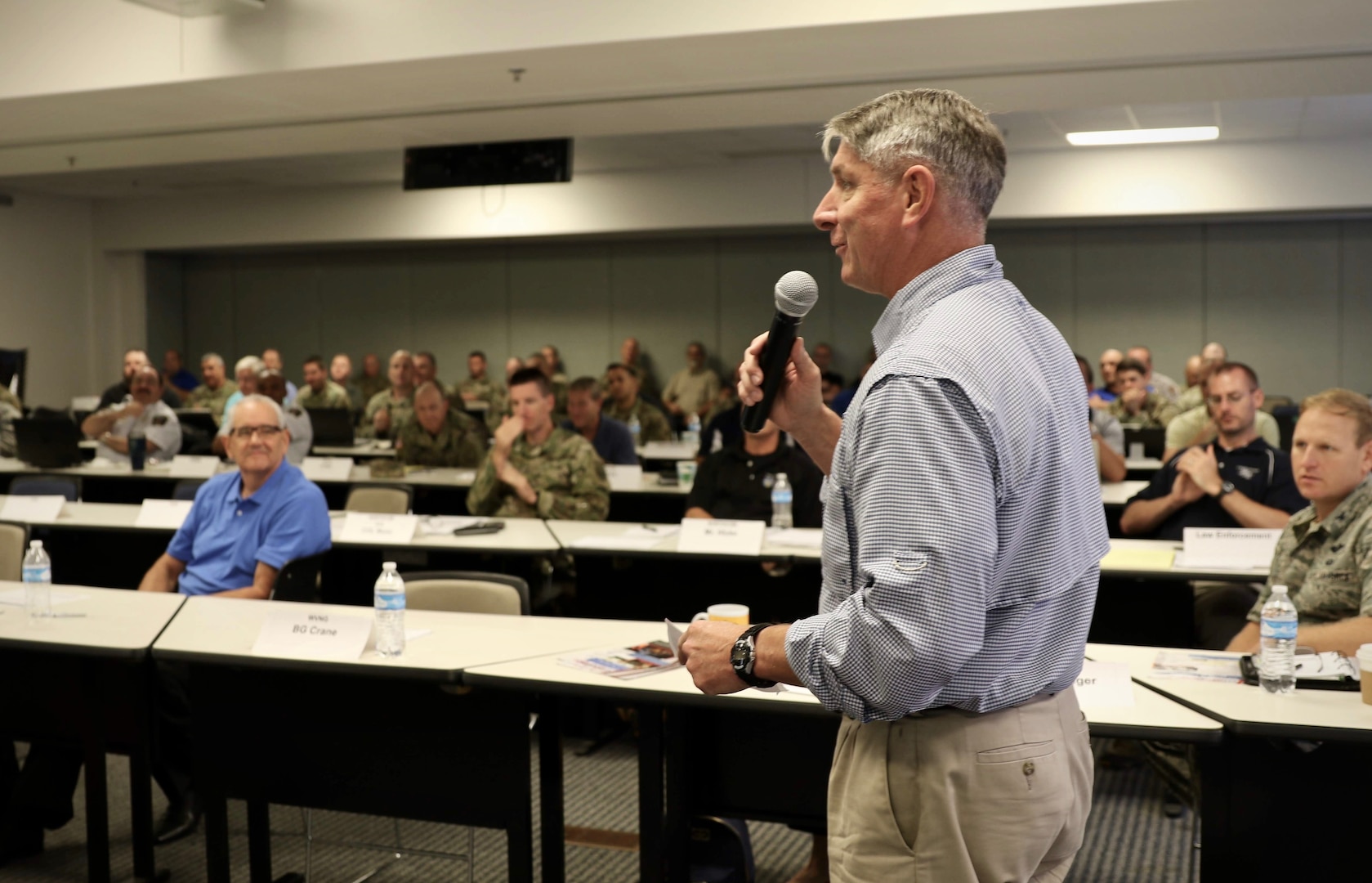 Ken Lepori of the United States Army North (ARNORTH) World Scout Jamboree (WSJ) planning team, addresses attendees of a  tabletop exercise (TTX) July 17, 2018, at the Glen Jean Armory in Glen Jean, West Virginia. The TTX participants discussed situations surrounding the 24th WSJ which will be held at the Summit Bechtel Family National Scout Reserve in Fayette County, W.Va., July 22 – Aug. 2, 2019. (U.S. Army National Guard photo by Sgt. Zoe Morris)
