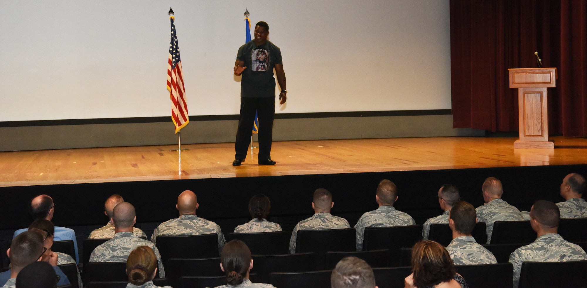 Herschel Walker shares his story about being diagnosed with Dissociative Identity Disorder and seeking help July 18, 2018, at Fairchild Air Force Base, Washington. Walker is a former National Football League player and the 1982 Heisman Trophy winner. (U.S. Air Force photo/Staff Sgt. Samantha Krolikowski)
