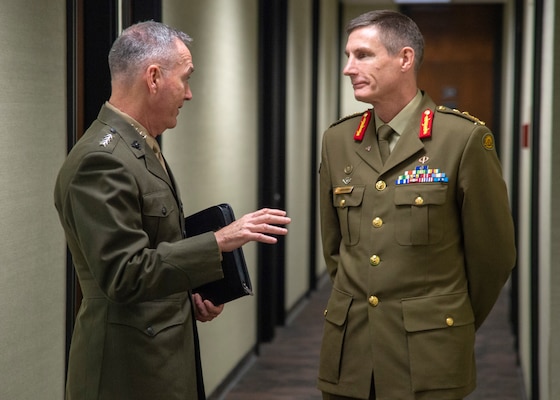 Marine Corps Gen. Joe Dunford, chairman of the Joint Chiefs of Staff, meets with Australian Army Gen. Angus Campbell, Chief of the Defence Force, dor a meeting during the Australia-United States Ministerial Consultation at the Hoover Institute at Stanford University in Palo Alto, Ca., July 23, 2018.