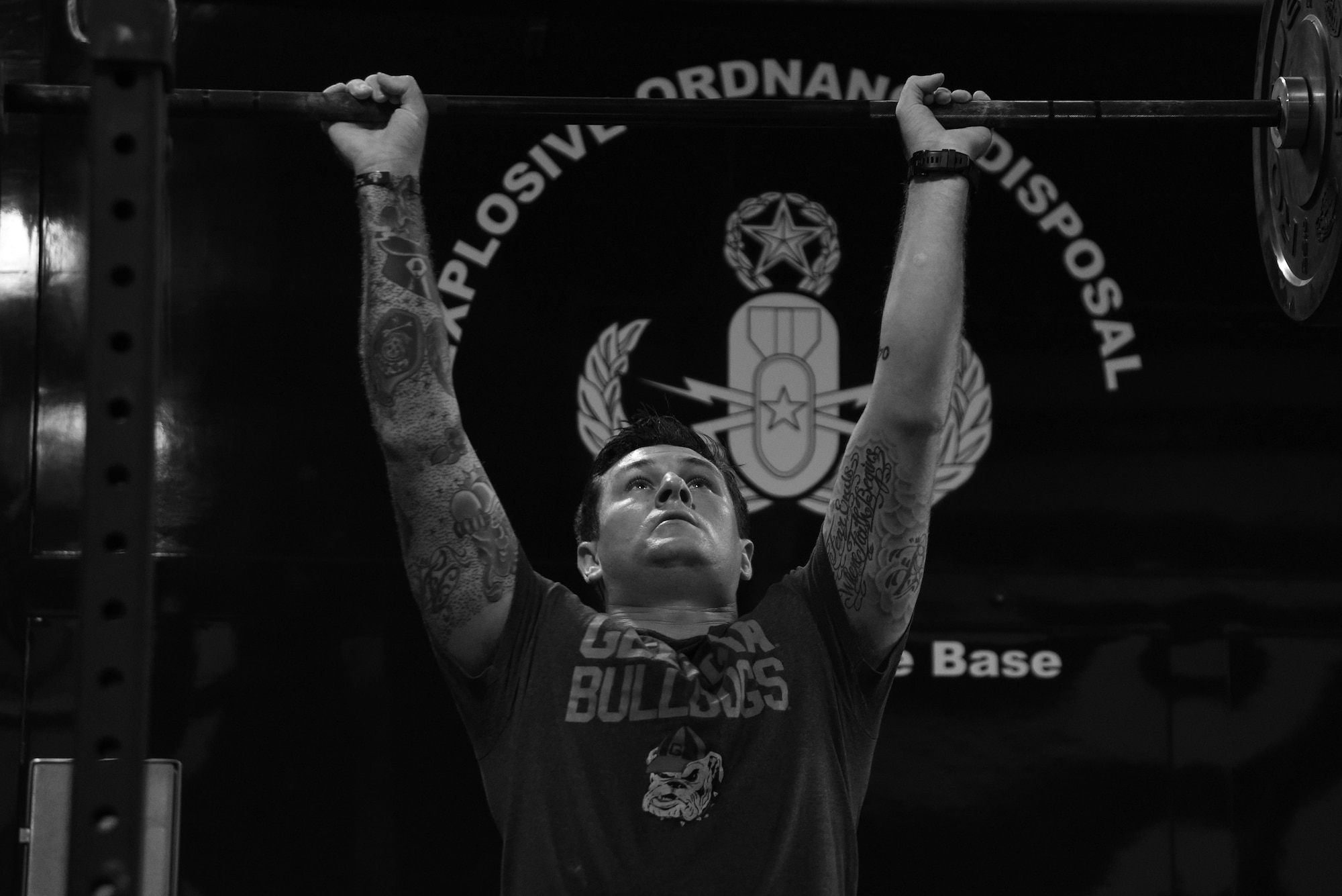 U.S. Air Force Staff Sgt. Jordan Massey, 20th Civil Engineer Squadron explosive ordnance disposal (EOD) craftsman, performs an upper-body exercise at the EOD gym at Shaw Air Force Base, S.C., July 19, 2018.