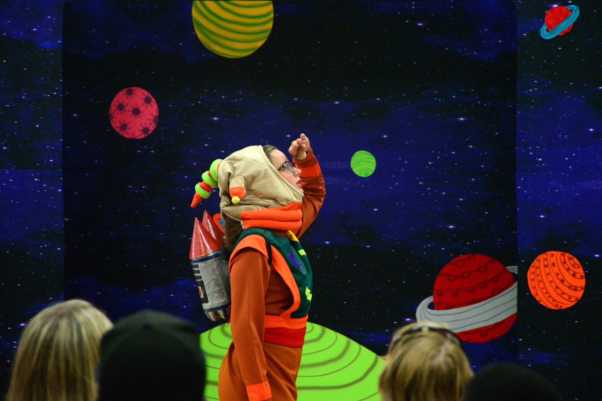 Brilyn Cotner wanders the galaxy as Gulliver in Missoula Children’s Theatre’s rendition of “Gulliver’s Travels” July 20, 2018, at the Youth Center on Dover Air Force Base, Del. The Missoula Children’s Theatre travels the world giving children a glimpse inside the world of entertainment and the preforming arts. (U.S. Air Force photo by Airman 1st Class Dedan D. Dials)