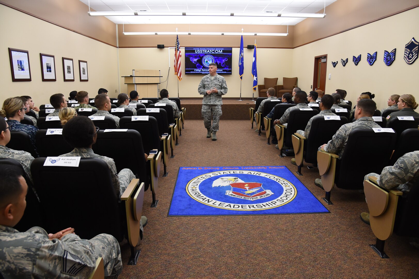 U.S. Air Force Chief Master Sgt. Patrick McMahon, U.S. Strategic Command (USSTRATCOM) senior enlisted leader, speaks to junior-enlisted military members stationed at Offutt Air Force Base, Neb., during the inaugural Junior Enlisted Professional Development Seminar, July 19, 2018. During the seminar, junior-enlisted members discussed a variety of topics with USSTRATCOM non-commissioned officers, petty officers and senior leaders. Topics included leadership, junior-enlisted roles and responsibilities, mentoring, military traditions and history, educational benefits, and customs and courtesies. USSTRATCOM has global responsibilities assigned through the Unified Command Plan that include strategic deterrence, nuclear operations, space operations, joint electromagnetic spectrum operations, global strike, missile defense, and analysis and targeting.