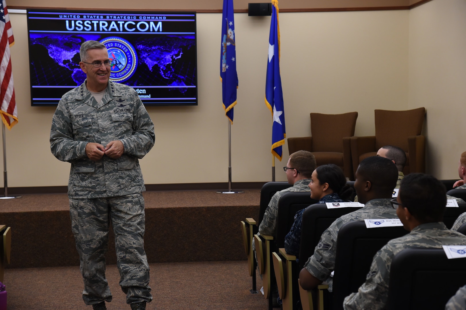 U.S. Air Force Gen. John Hyten, commander of U.S. Strategic Command (USSTRATCOM), speaks to junior-enlisted military members stationed at Offutt Air Force Base, Neb., during the inaugural Junior Enlisted Professional Development Seminar, July 19, 2018. During the seminar, junior-enlisted members discussed a variety of topics with USSTRATCOM non-commissioned officers, petty officers and senior leaders. Topics included leadership, junior-enlisted roles and responsibilities, mentoring, military traditions and history, educational benefits, and customs and courtesies. USSTRATCOM has global responsibilities assigned through the Unified Command Plan that include strategic deterrence, nuclear operations, space operations, joint electromagnetic spectrum operations, global strike, missile defense, and analysis and targeting.