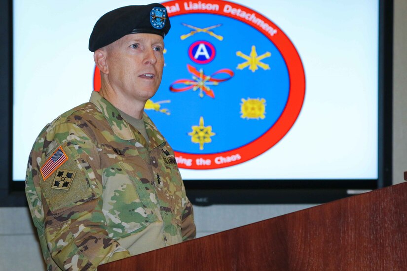 Maj. Gen. David C. Hill, deputy commanding general, U.S. Army Central, shares his remarks during a change-of-command ceremony for the 2503rd Digital Liaison Detachment, July 19, 2018, at Patton Hall on Shaw Air Force Base, S.C. (U.S. Army photo by Sgt. Von Marie Donato)